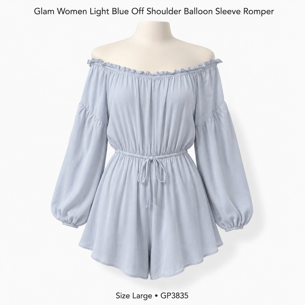 Glam Women Light Blue Off Shoulder Balloon Sleeve Romper GP3835 Large